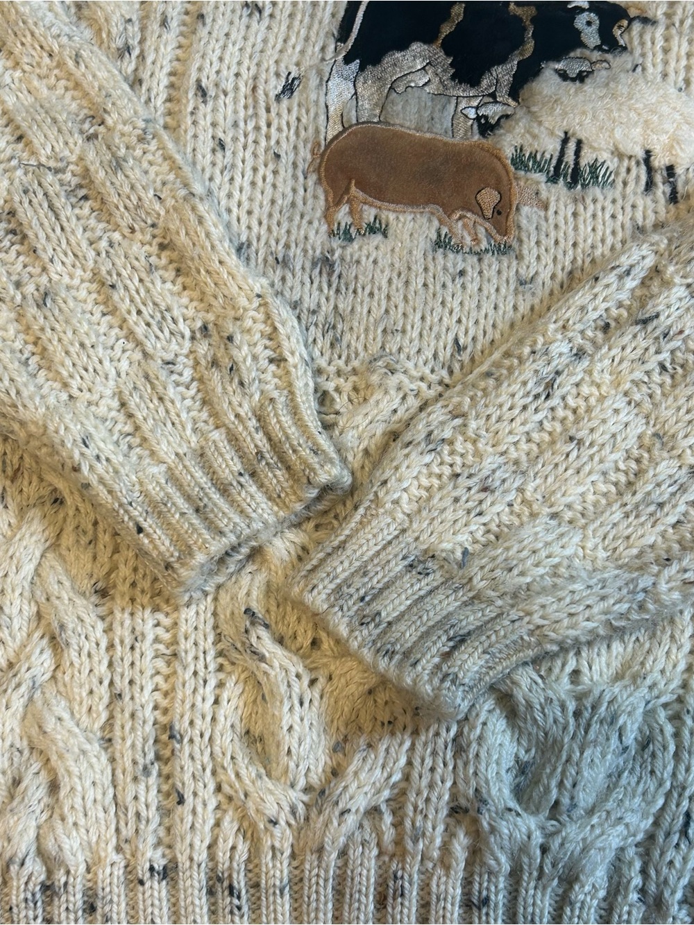 Vintage 90s Tivoli Aran Ireland Pure New Wool Farm Animal Cable Knit Sweater 5-7 - Picture 9 of 11